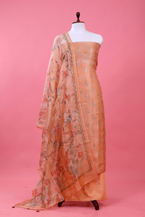 Coral Peach Embellished Tissue Silk Dress Material By Chinaya Banaras