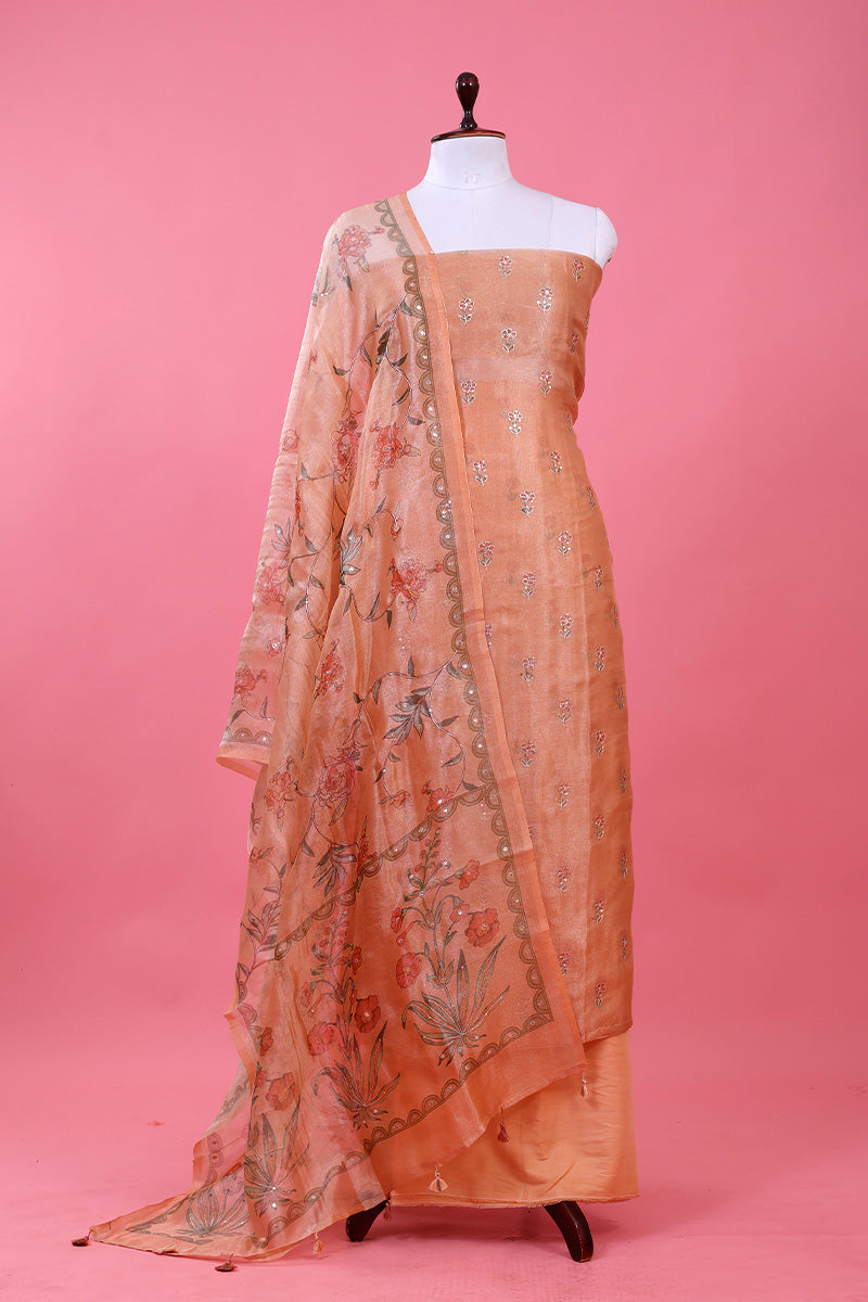 Coral Peach Embellished Tissue Silk Dress Material By Chinaya Banaras