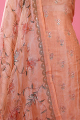 Coral Peach Embellished Tissue Silk Dress Material - Chinaya Banaras