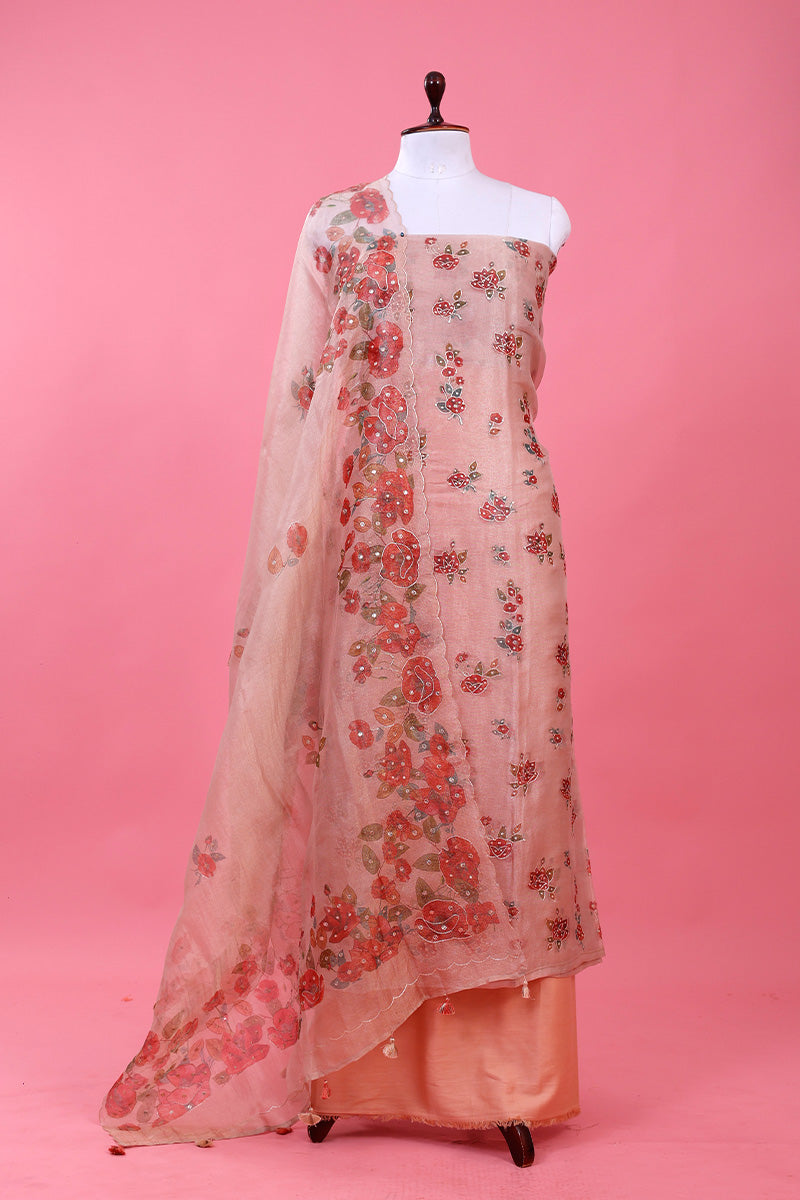 Rose Gold Embellished Tissue Silk Dress Material By Chinaya Banaras