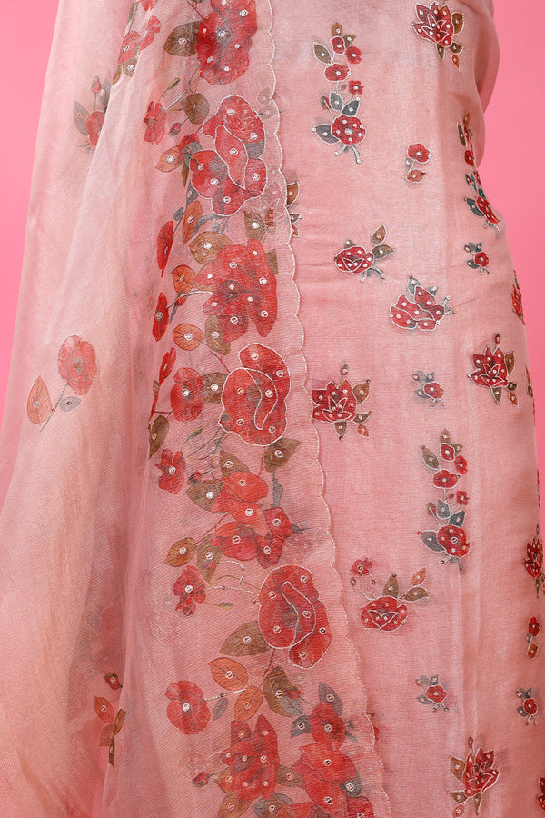 Rose Gold Embellished Tissue Silk Dress Material - Chinaya Banaras