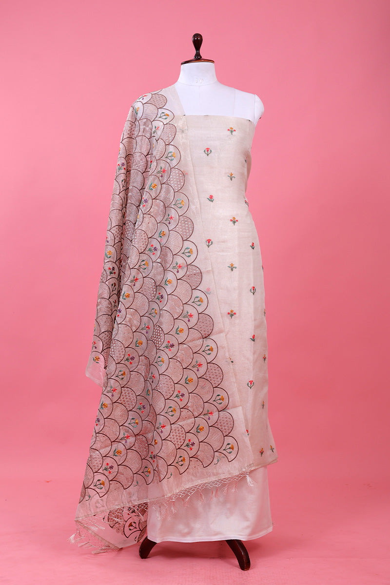 White Embroidered Tissue Silk Dress Material By Chinaya Banaras