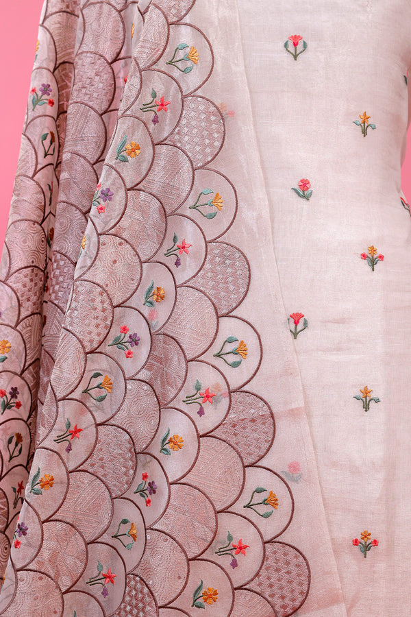 Glittery White Embroidered Tissue Silk Dress Material - Chinaya Banaras