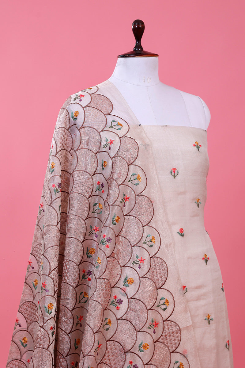 Glittery White Embroidered Tissue Silk Dress Material - Chinaya Banaras