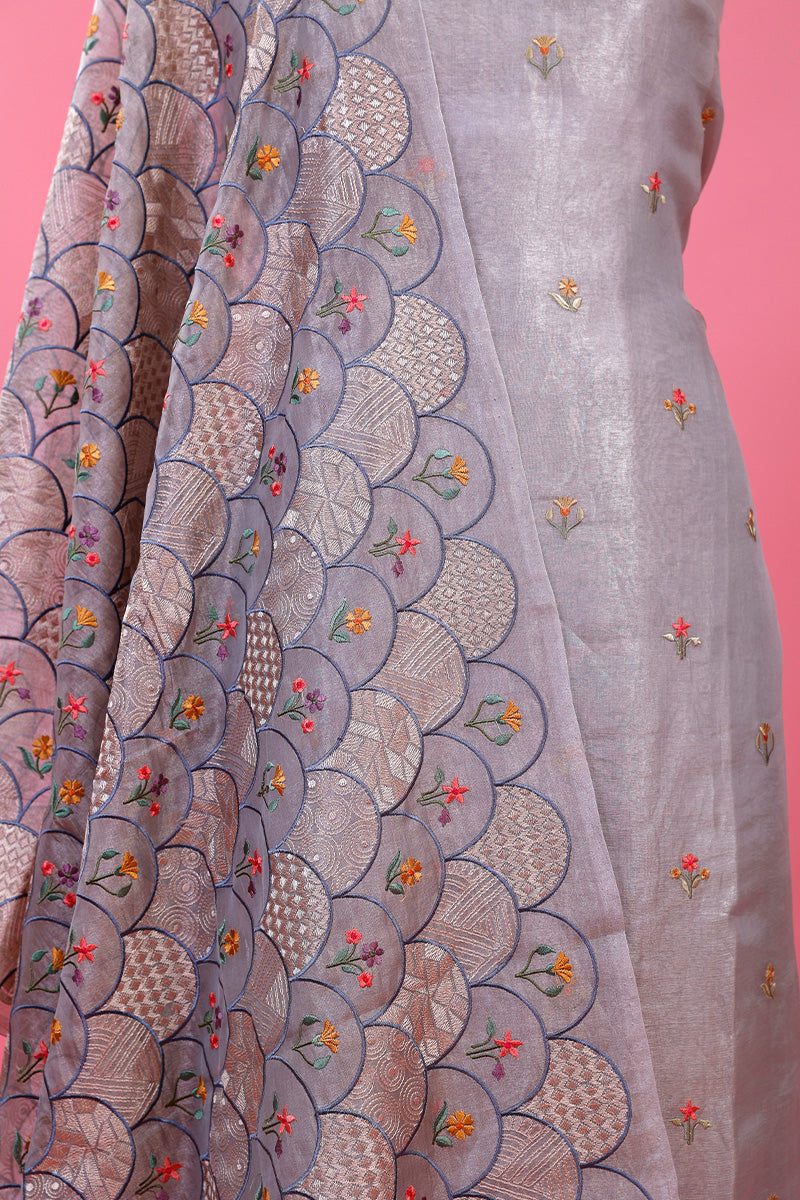 Silver Grey Embroidered Tissue Silk Dress Material - Chinaya Banaras