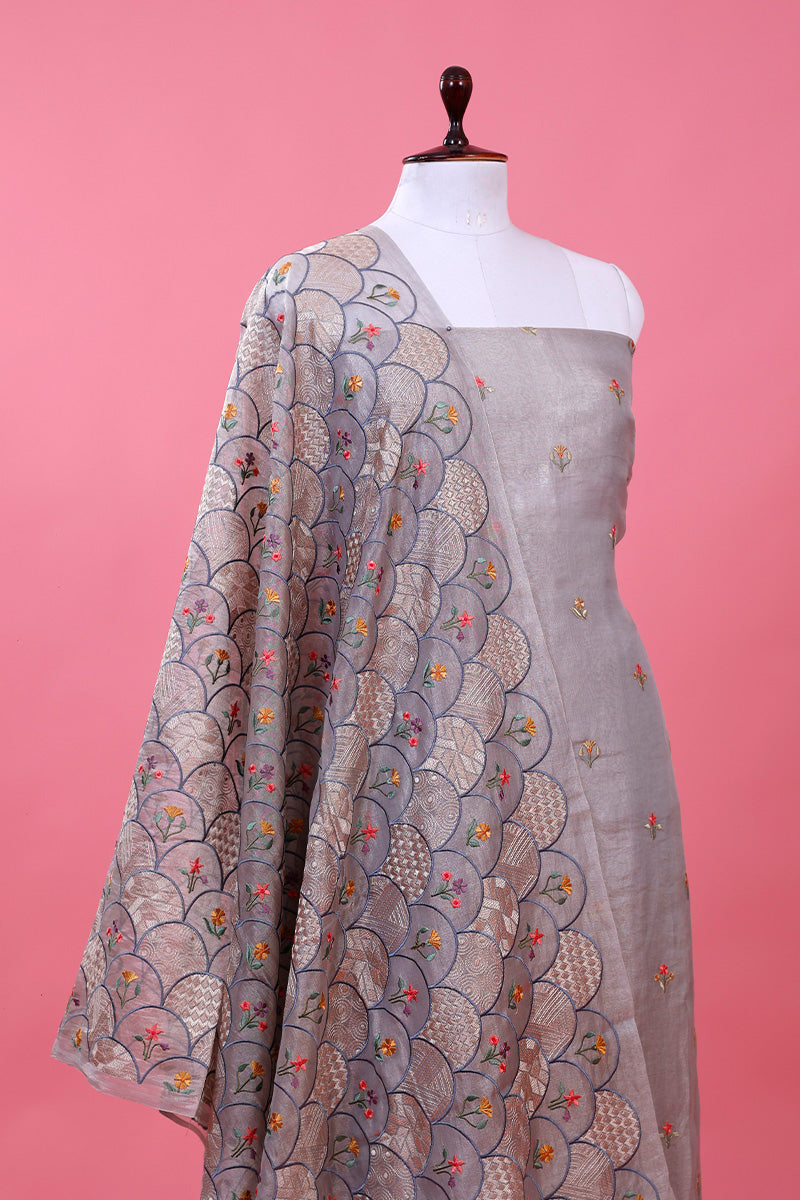 Silver Grey Embroidered Tissue Silk Dress Material - Chinaya Banaras