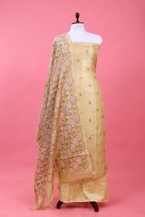Yellow Embroidered Tissue Silk Dress Material By Chinaya Banaras
