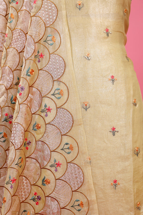 Light Yellow Embroidered Tissue Silk Dress Material - Chinaya Banaras