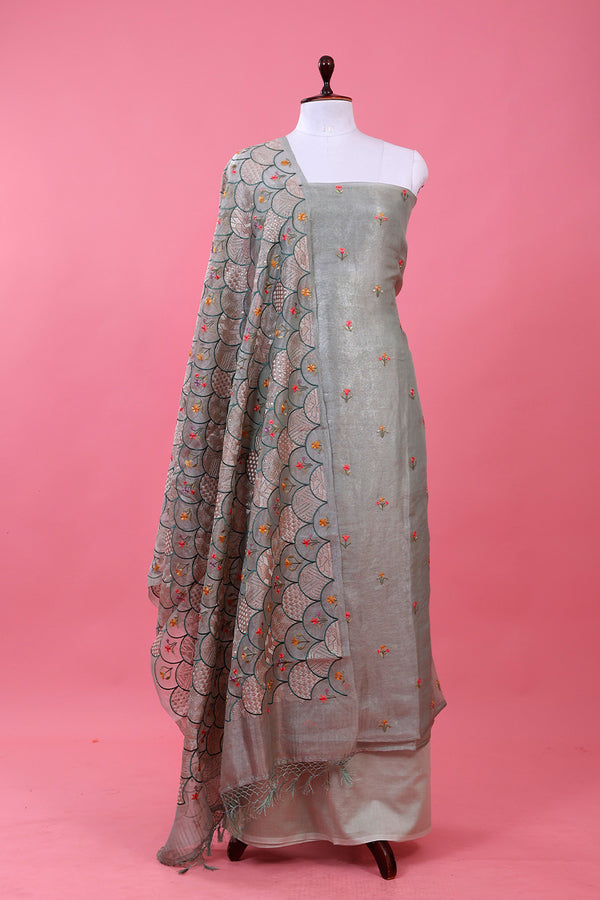 Sage Green Embroidered Tissue Silk Dress Material By Chinaya Banaras