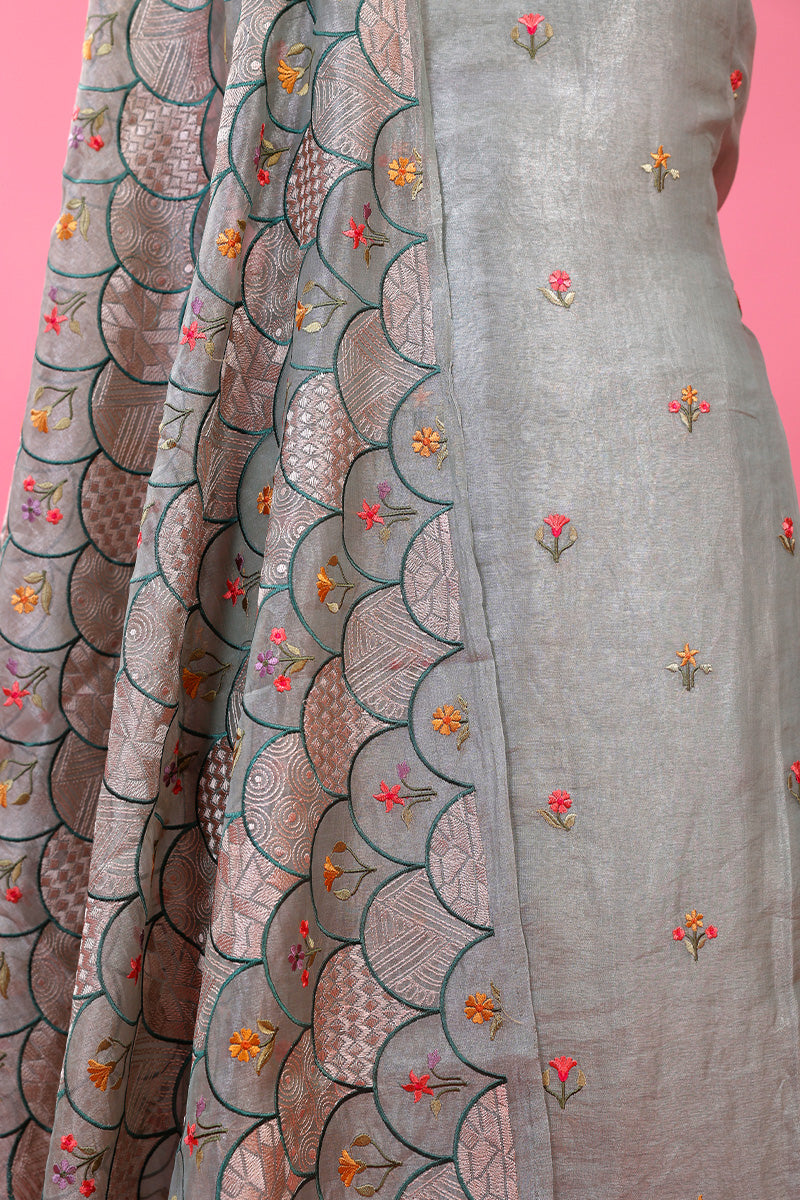 Sage Green Embroidered Tissue Silk Dress Material - Chinaya Banaras