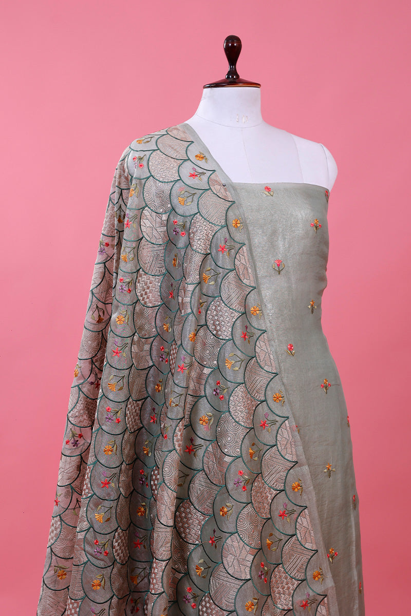 Sage Green Embroidered Tissue Silk Dress Material - Chinaya Banaras