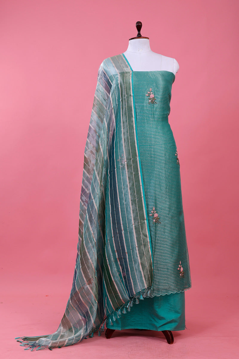 Blue Embellished Tissue Silk Dress Material By Chinaya Banaras