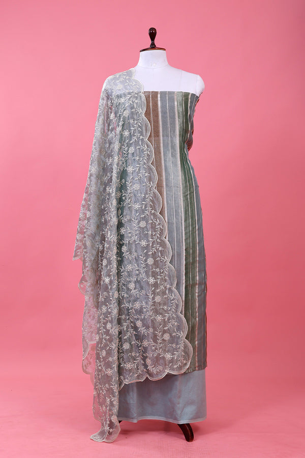 Grey Embellished Tissue Silk Dress Material By Chinaya Banaras