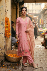 Coral Peach Embellished Organza Silk Dress Material
