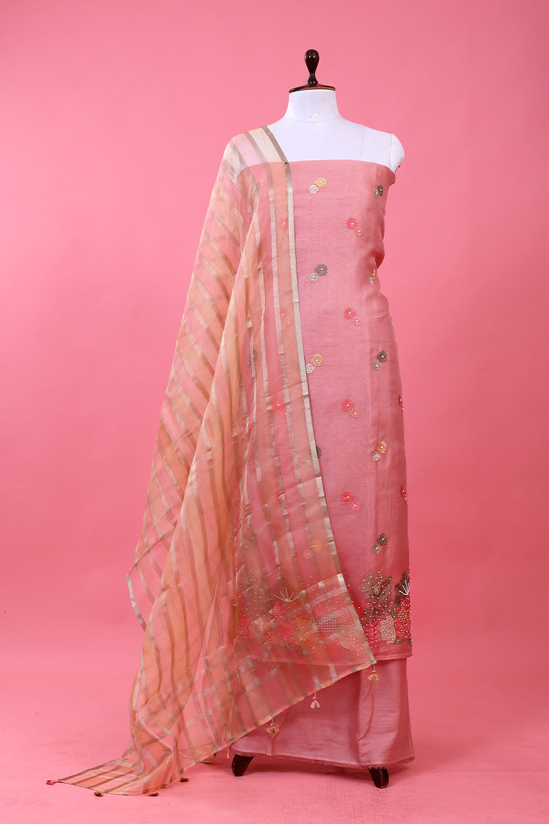 Coral Peach Embellished Organza Silk Dress Material - Chinaya Banaras