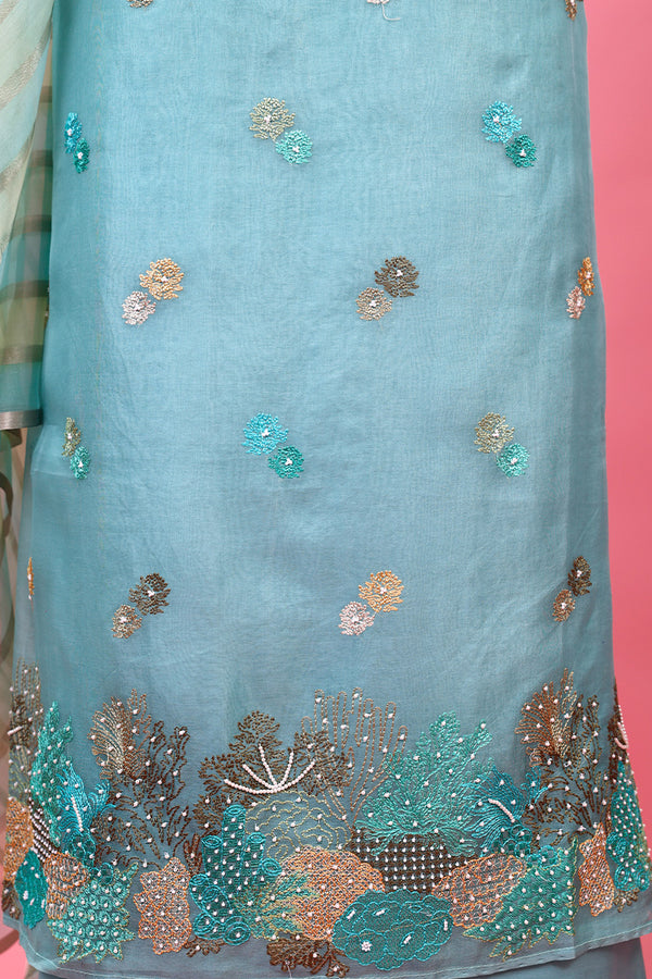 Sky Blue Marine Embellished Organza Silk Dress Material - Chinaya Banaras