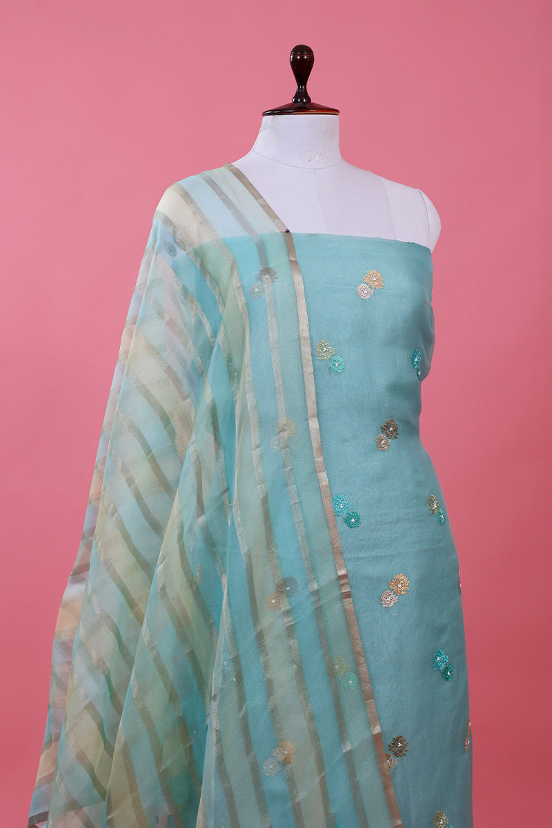 Sky Blue Marine Embellished Organza Silk Dress Material - Chinaya Banaras