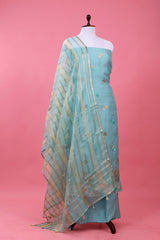 Sky Blue Marine Embellished Organza Silk Dress Material - Chinaya Banaras