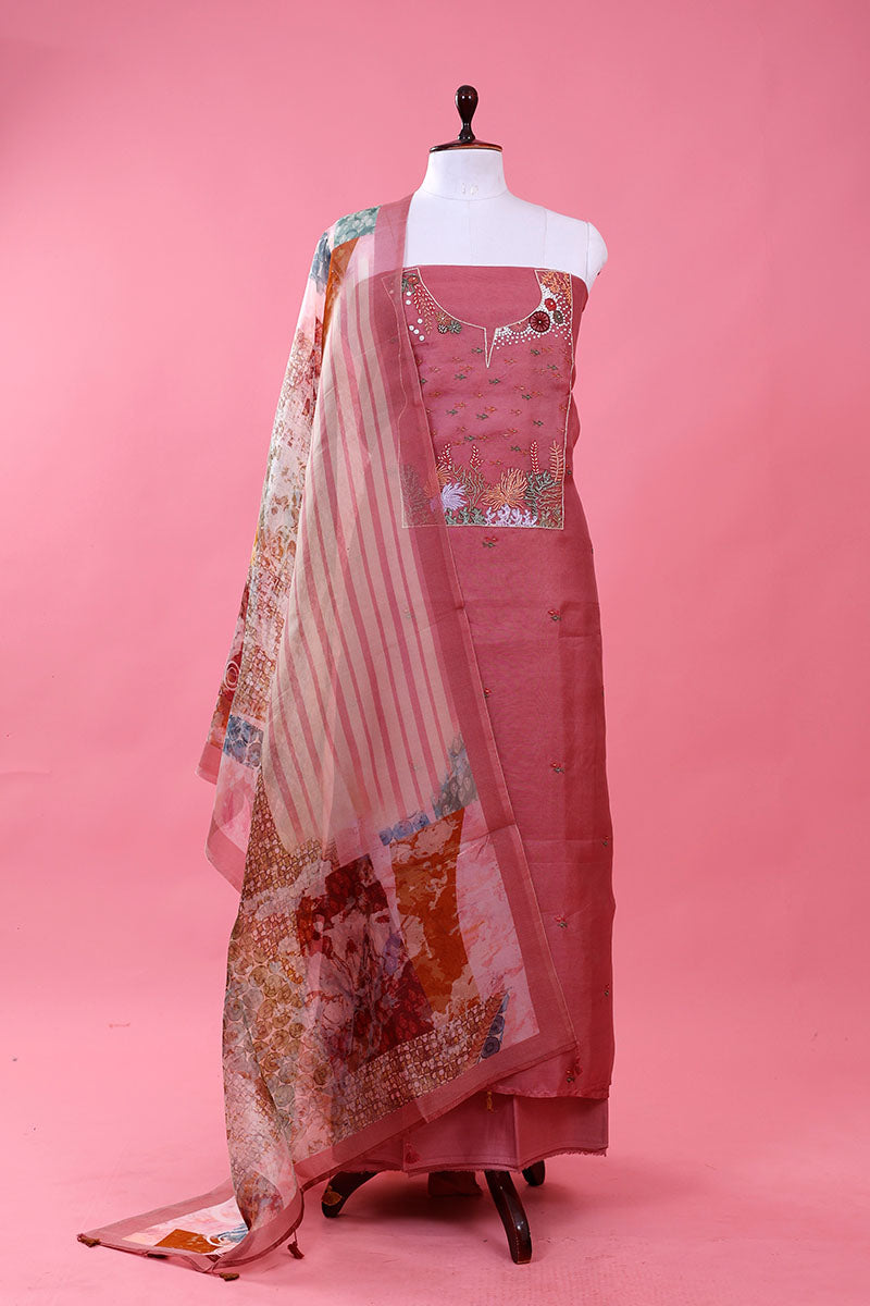 Mauve  Embellished Organza Silk Dress Material By Chinaya Banaras