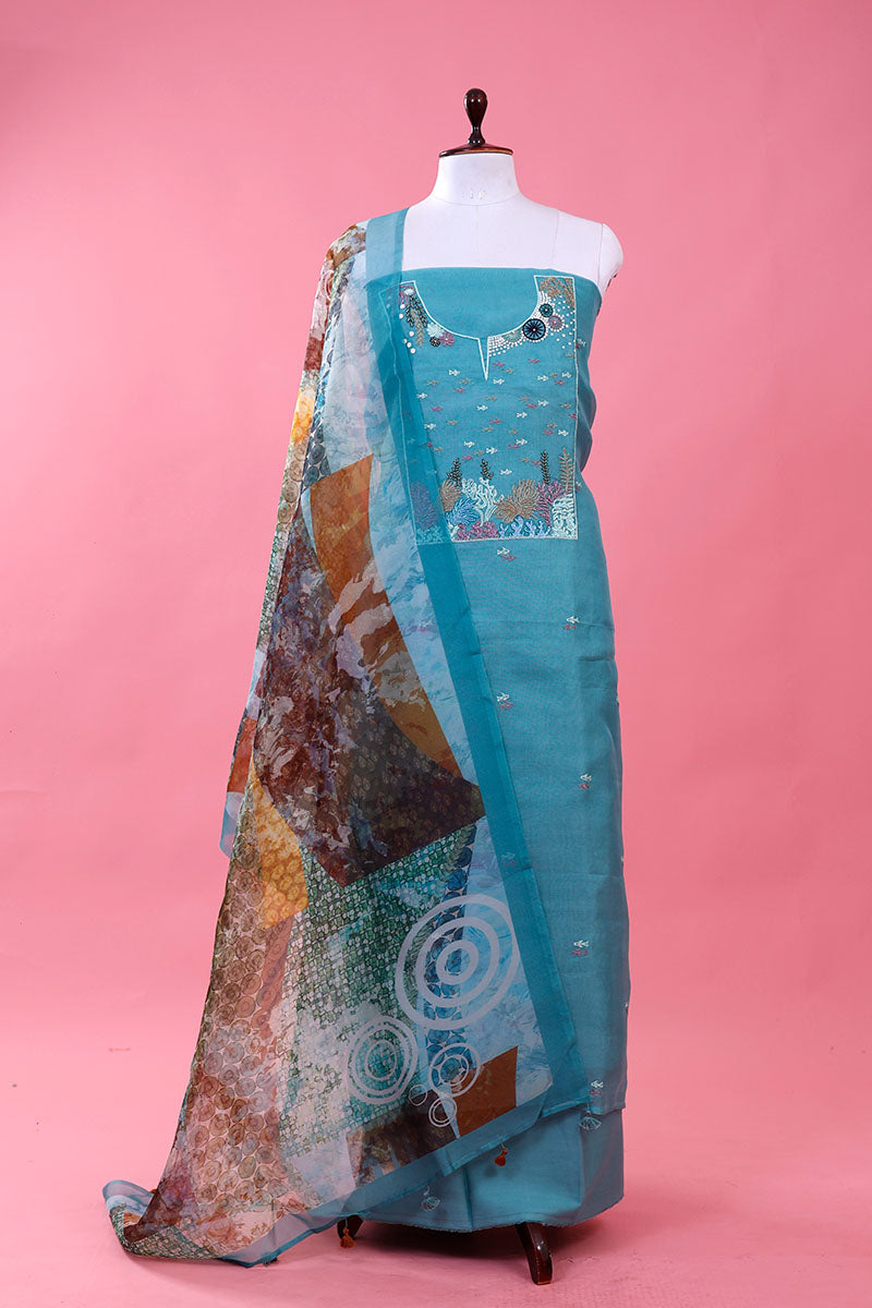 Blue Embellished Organza Silk Dress Material By Chinaya Banaras
