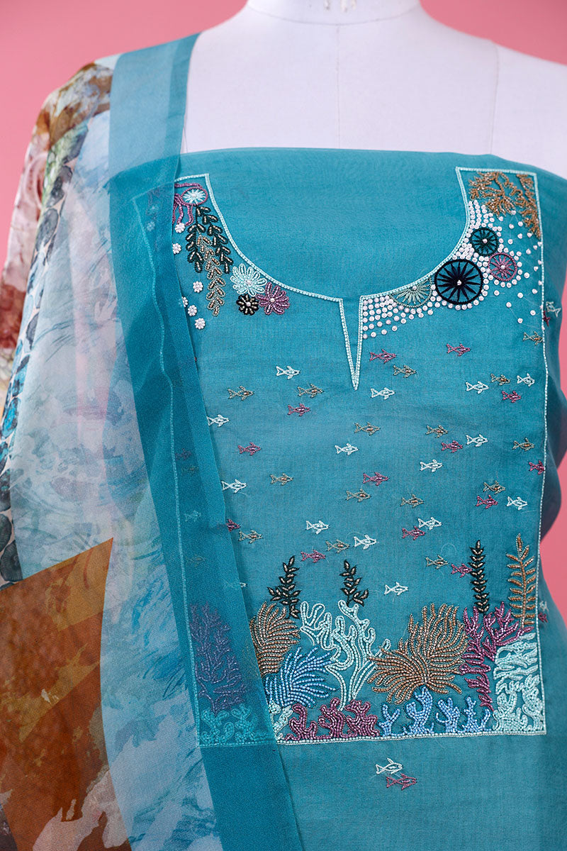 Aqua Blue Marine Embellished Organza Silk Dress Material - Chinaya Banaras