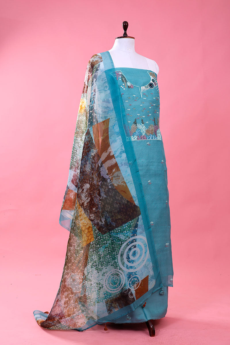 Aqua Blue Marine Embellished Organza Silk Dress Material - Chinaya Banaras