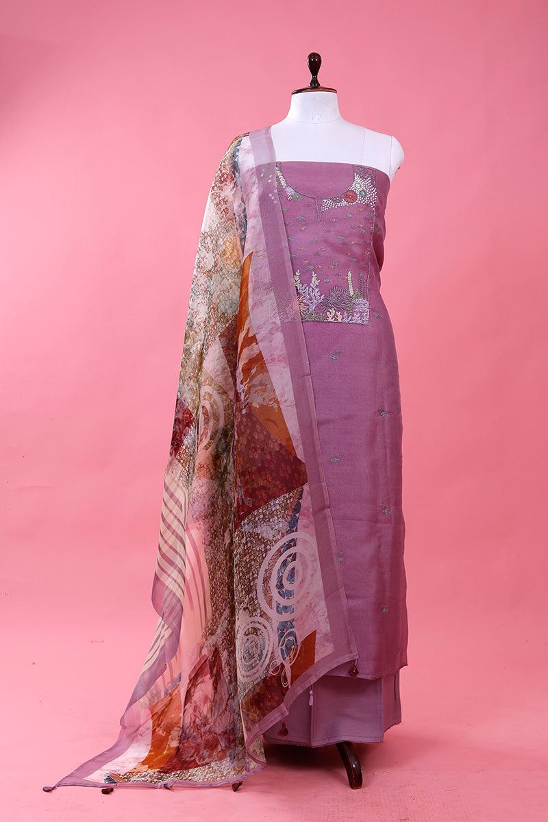 Purple Embellished Organza Silk Dress Material By Chinaya Banaras