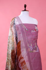 Rust Purple Marine Embellished Organza Silk Dress Material - Chinaya Banaras