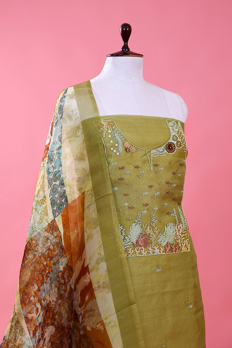 Light Parrot Green Marine Embellished Organza Silk Dress Material - Chinaya Banaras