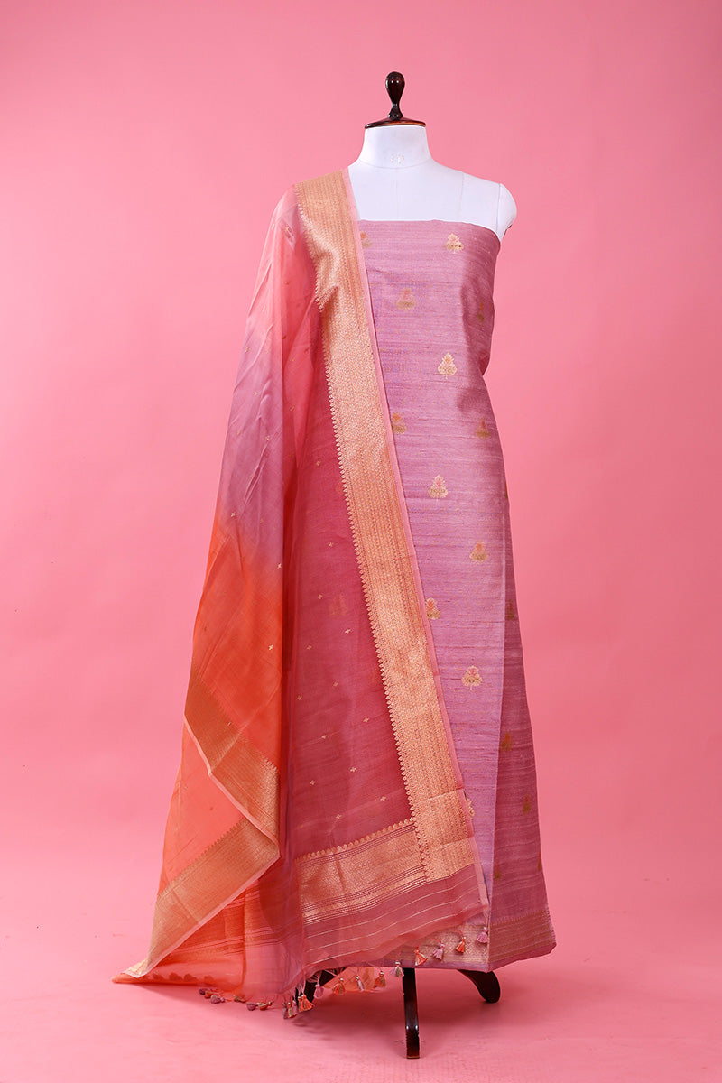 Lavender Handwoven Raw Silk Dress Material By Chinaya Banaras