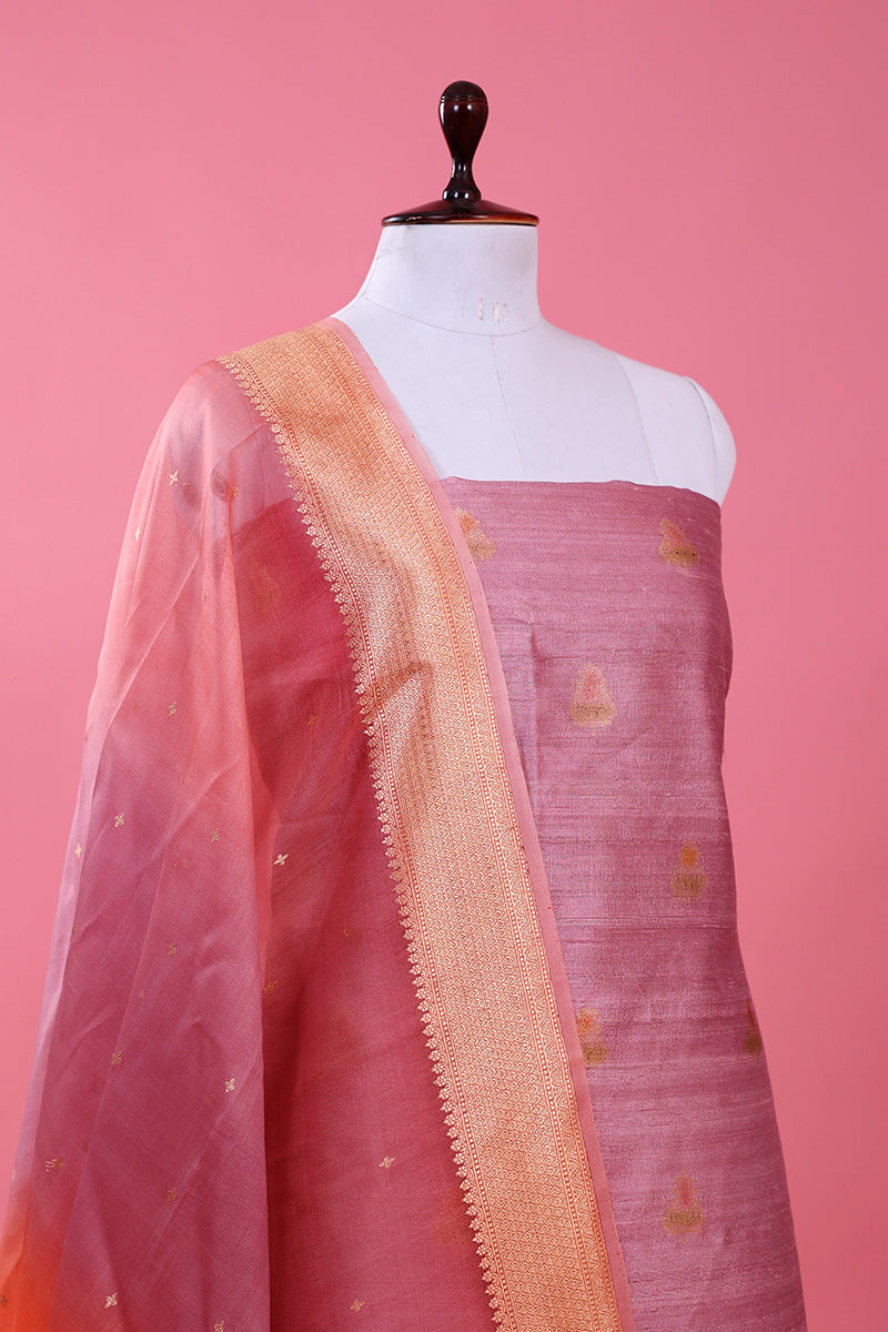 Lavender Handwoven Raw Silk Dress Material - Chinaya Banaras