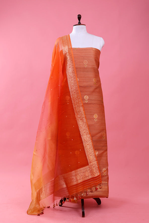 Brown Tussar Silk Dress Material By Chinaya Banaras