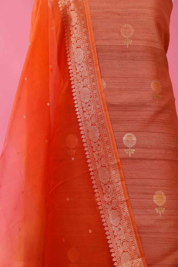 Caramel Brown Handwoven Tussar Silk Dress Material - Chinaya Banaras