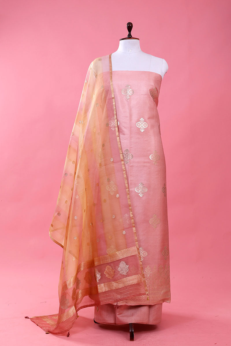 Pink Handwoven Satin Silk Dress Material By Chinaya Banaras