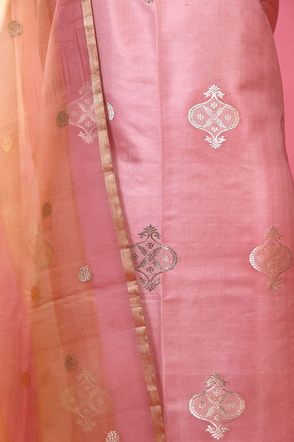 Blush Pink Handwoven Satin Silk Dress Material - Chinaya Banaras