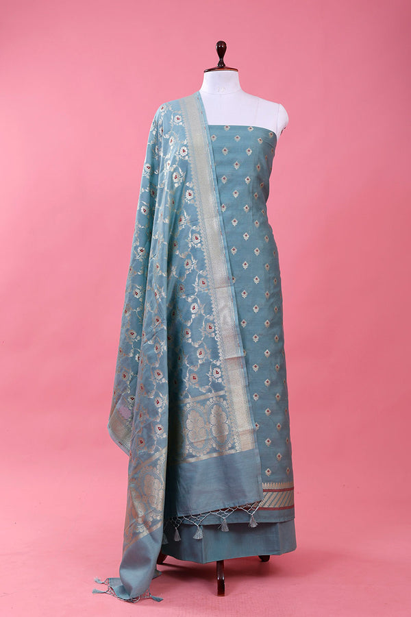 Blue Woven Mulberry Silk Suit Piece By Chinaya Banaras
