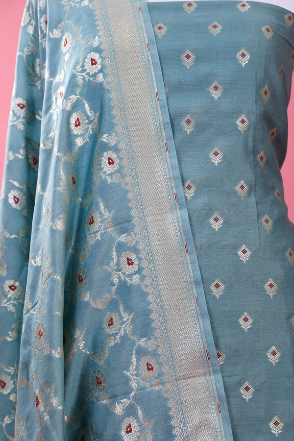 Powder Blue Woven Mulberry Silk Suit Piece - Chinaya Banaras