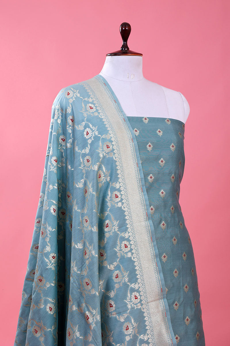 Powder Blue Woven Mulberry Silk Suit Piece - Chinaya Banaras
