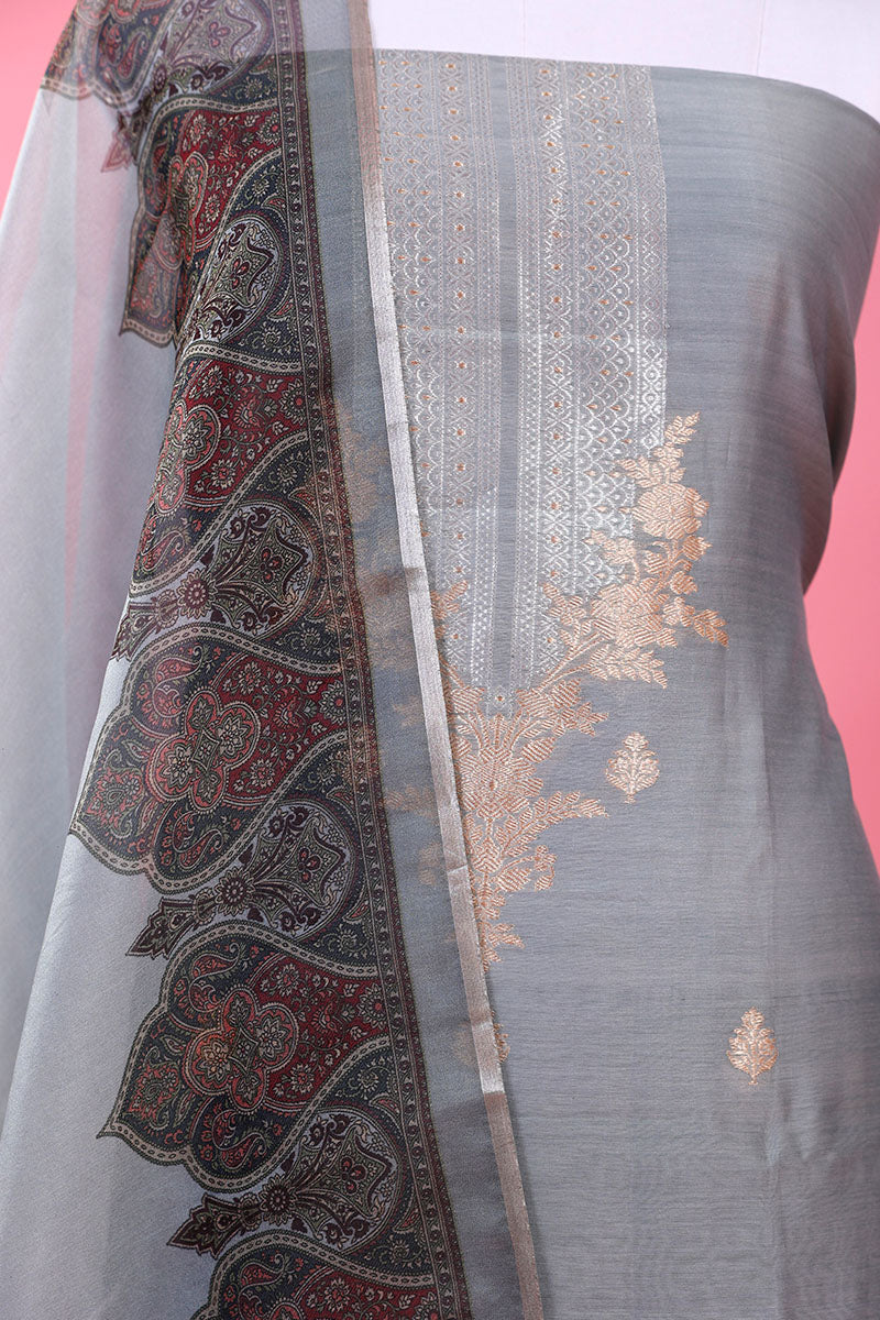 Grey Woven Moonga Silk Dress Material - Chinaya Banaras