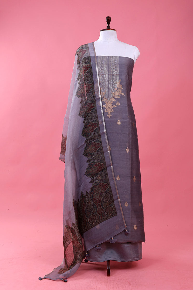 Grey Silk Dress Material By Chinaya Banaras