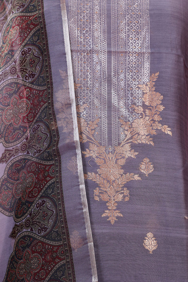 Charcoal Grey Woven Moonga Silk Dress Material - Chinaya Banaras