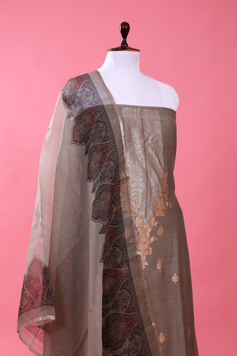 Sage Green Ethnic Woven Moonga Silk Dress Material - Chinaya Banaras