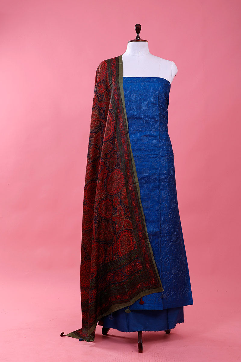Blue Embroidered Tussar Silk Unstitched Suit Set  By Chinaya Banaras