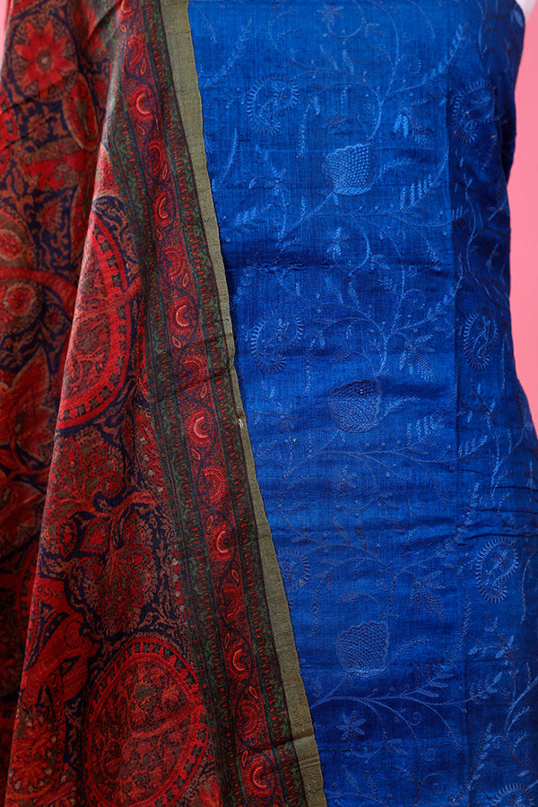 Royal Blue Embroidered Tussar Silk Dress Material - Chinaya Banaras