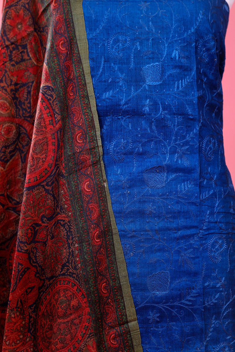 Royal Blue Embroidered Tussar Silk Dress Material - Chinaya Banaras