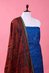 Royal Blue Embroidered Tussar Silk Dress Material - Chinaya Banaras