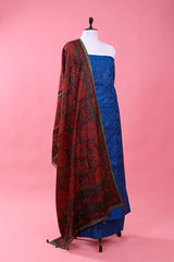 Royal Blue Embroidered Tussar Silk Dress Material - Chinaya Banaras