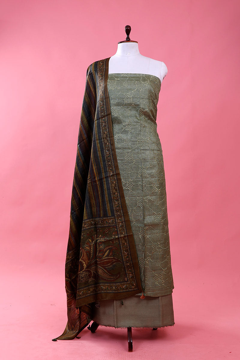 Green Embroidered Tussar Silk Unstitched Suit Set At Chinaya Banaras