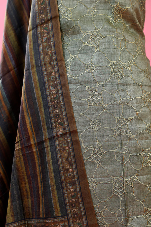 Sage Green Embroidered Tussar Silk Dress Material - Chinaya Banaras