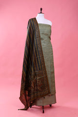 Sage Green Embroidered Tussar Silk Dress Material - Chinaya Banaras